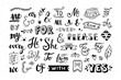 Hand drawn vector catchwords and ampersands. Graphic design elements, flowers, arrows, dividers, laurels