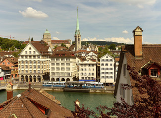 Canvas Print - Zurich cityscape with Predigerkirche church and Main building of University of Zurich, Switzerland