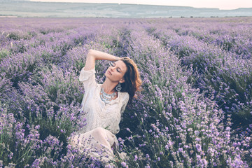 Wall Mural - Boho styled model in lavender field