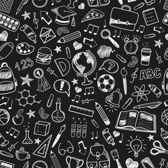 Seamless Back to School pattern with various hand-drawn school items on a dark background blackboard. Vector illustration,eps 10.