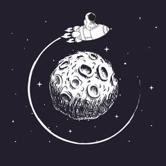 Wall Mural - astronaut sits in spaceship and flying around moon