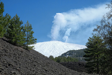 Wall Mural - White Steam From Snowy Etna Mount, Sicily