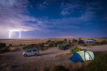 Balgowan, Australia - December 19, 2016: Night Thunder Storm With Lightning Strikes At The Gap Camping Ground In Yorke Peninsula, South Australia