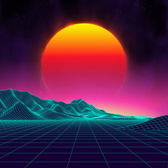 Wall Mural - retro background futuristic landscape 1980s style. digital retro landscape cyber surface. retro musi