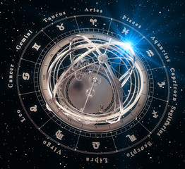 Wall Mural - zodiac signs and armillary sphere on black background