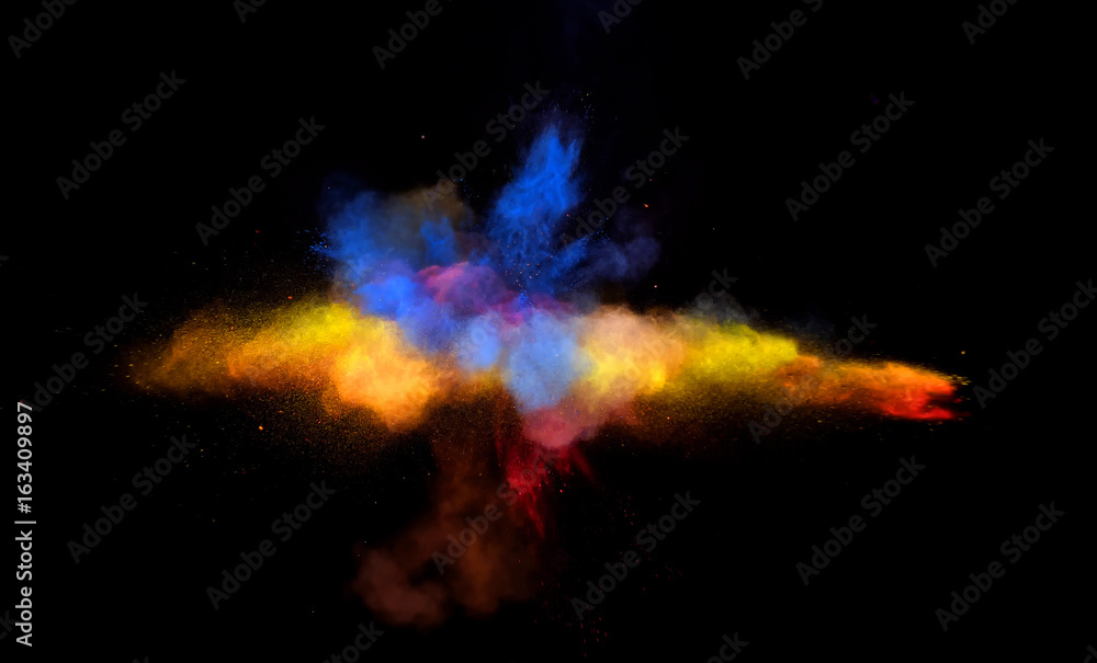 Bizarre color blasiing of powder paint and flour combined exploding in front of a black background to give off fantastic multi colors and forms. - obrazy, fototapety, plakaty 