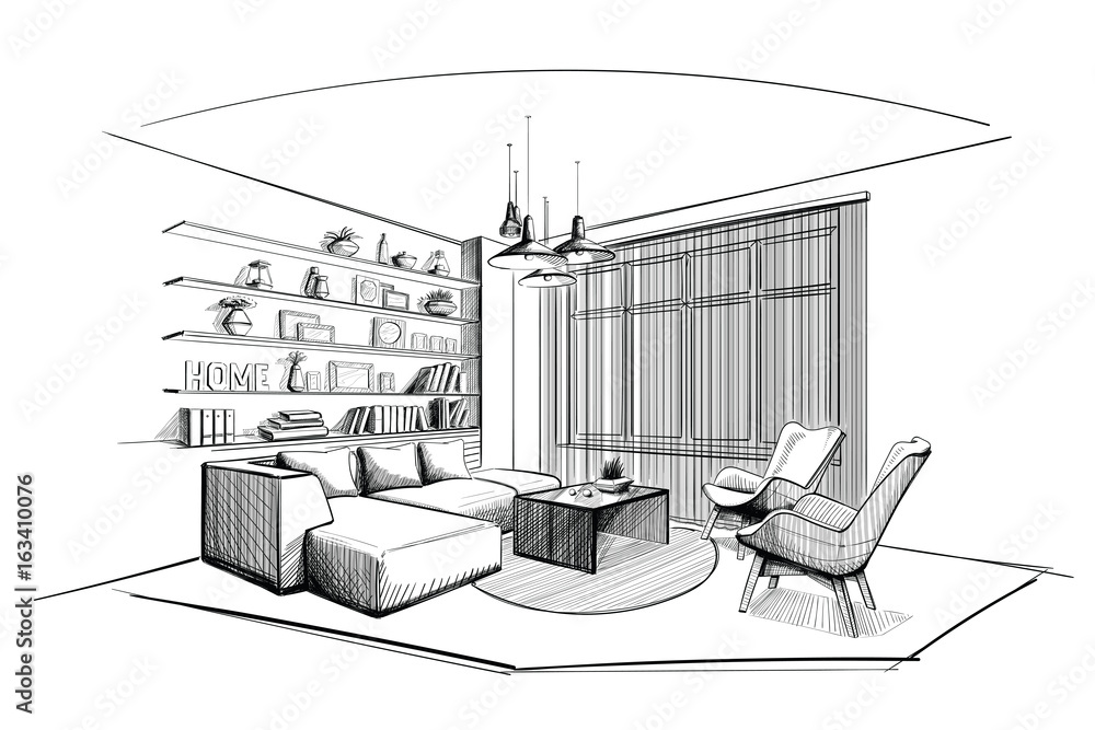 Modern Living room interior sketch. Stock Vector | Adobe Stock