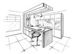 Interior sketch of modern kitchen with island.