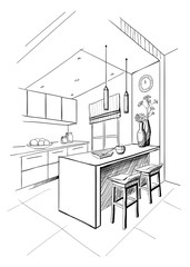 Interior sketch of modern kitchen with island.