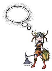 Sticker - Cartoon image of female viking. An artistic freehand picture.