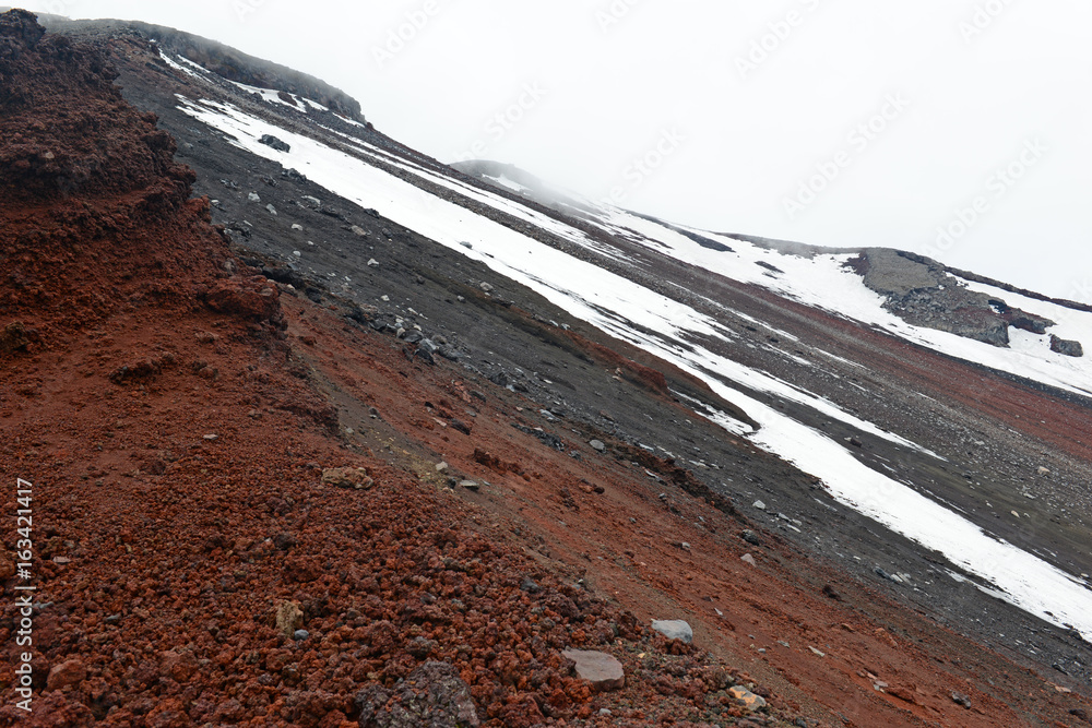 A view of the steep, rocky terrain on Mount Fuji.