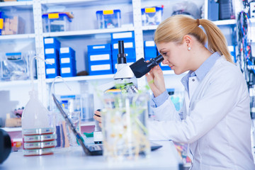 Wall Mural - Experiment with genetically modified plants. Young woman laboratory assistant at the Laboratory of Plant Genetics GMO