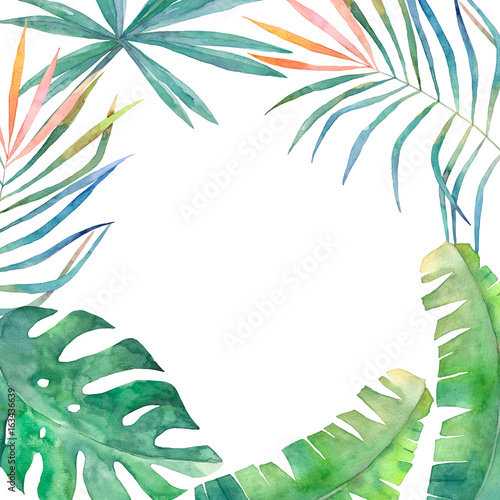 Summer colorful frame with palm leaves. Watercolor hand drawn illustration