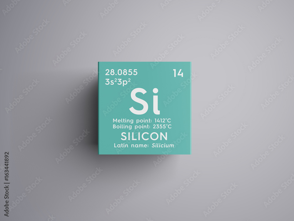 Silicon. Silicium. Metalloids. Chemical Element of Mendeleev's Periodic Table. Silicon in square cube creative concept. - obrazy, fototapety, plakaty 