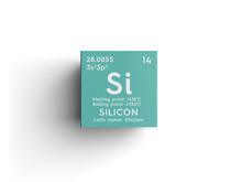 Silicon. Silicium. Metalloids. Chemical Element Of Mendeleev's Periodic Table. Silicon In Square Cube Creative Concept.