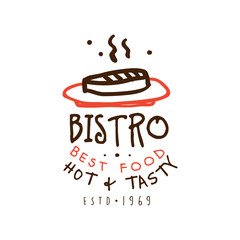 Sticker - Bistro best food, hot and tasty estd 1969 logo template hand drawn colorful vector Illustration