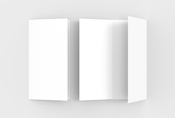 A4. Blank trifold paper brochure mock-up on soft gray background with soft shadows and highlights. 3D illustrating.