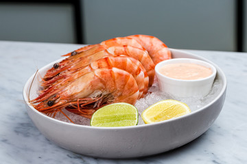 Wall Mural - Fresh royal prawns with lemon and sauce