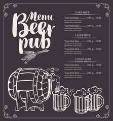 Canvas Print - Vector menu for beer pub with barrel and full beer glasses in retro style. Drawing chalk on a wooden board with inscription and price list.