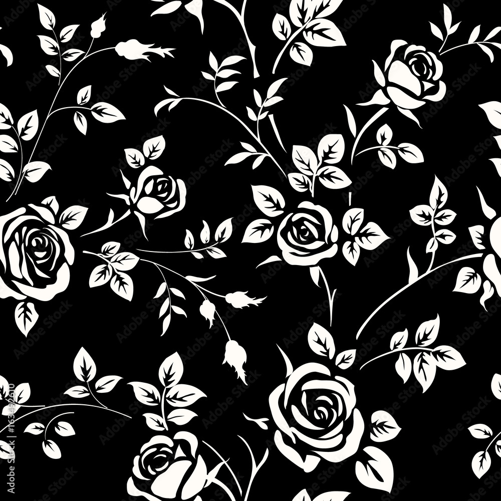 Seamless pattern with white rose silhouette on black background. Floral  wallpaper Stock Vector | Adobe Stock, image size:1000x1000