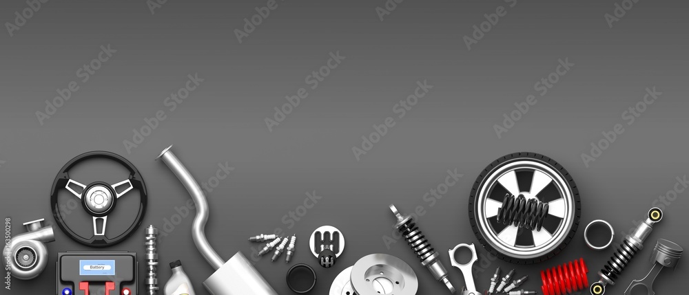 Various car parts and accessories on grey background. 3d illustration - obrazy, fototapety, plakaty 