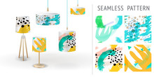 A Set Of Summer Seamless Unique Abstract Hand-drawn Patterns, Demonstrated On Textile Lampshades. Can Be Used For Embroidery, Print Or Silkscreen On Fabric.
