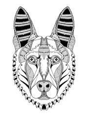 Wall Mural - German shepherd dog head zentangle stylized, vector, illustration, freehand pencil, hand drawn, pattern. Zen art. Ornate vector. Lace.