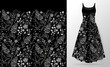 Cute pattern in small simple flowers. Seamless background and seamless border on different file layers. An example of the pattern of the dress mock up. Vector illustration. Gold and white on black