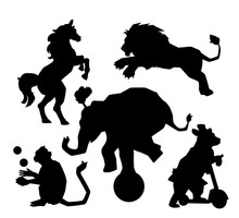 Set Of Circus Silhouette Animals Performance Isolated On White