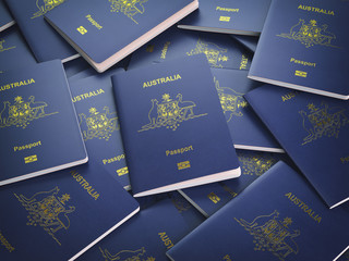 Wall Mural - Passports of Australia background. Immigration or travel concept. Pile of australian passports.