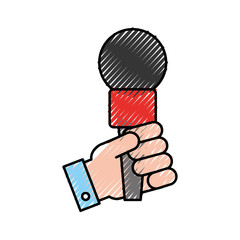 Sticker - hand human with microphone communication device icon vector illustration design