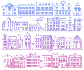 Canvas Print - Big vector set of different urban structures. Illustration of color european detailed buildings on white background.