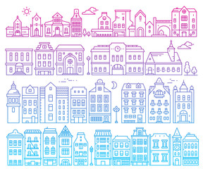 Wall Mural - Illustration of different european detailed buildings on white background. Big vector set of color urban structures.