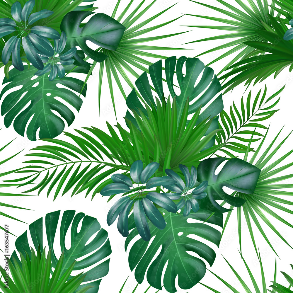 Seamless hand drawn realistic botanical exotic vector pattern with green palm leaves isolated on white background. - obrazy, fototapety, plakaty 