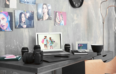 Poster - Photographer work space with laptop, graphics tablet, camera and lenses