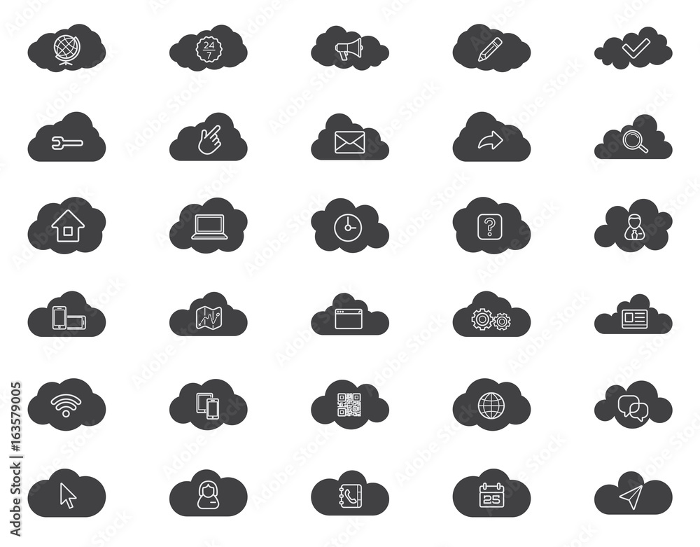 Cloud computing linear icons set. Download, upload, settings and ...