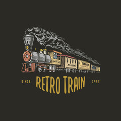 engraved vintage, hand drawn, old locomotive or train with steam on american railway. retro transport.