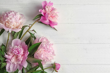 Sticker - Beautiful peony flowers on light wooden background