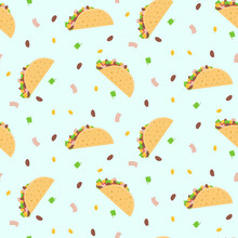 Cute Cartoon Colorful Seamless Pattern With Mexican Tacos, Corn, Lettuce And Kidney Bean. Nice Fastfood Pattern For Textile, Cafe And Restaurant Wrapping Paper, Covers, Banners, Background, Wallpaper