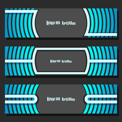 Wall Mural - Vector set of Banner templates: 3 blue futuristic headers with curve element on grey background, three horizontal banners with geometric design for business text, art layout banners backdrop for sale.