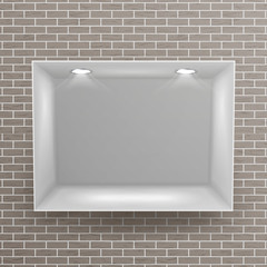 Sticker - Empty Niche Vector. Realistic Brick Wall. Clean Shelf, Niche, Wall Showcase. Good For Presentations, Display Your Product. Illuminated Light Lamp