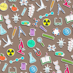 Wall Mural - Seamless pattern on the theme of science and inventions, diagrams, charts, and equipment, simple sticker icons on brown background
