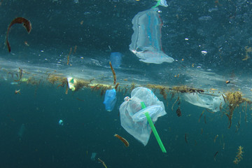 Poster - Plastic straws, carrier bags and other garbage pollution in ocean