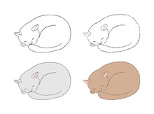 Hand Drawn Vector Illustration Of Sleeping Curled Up Cats, Unfilled Outlines And Coloured.