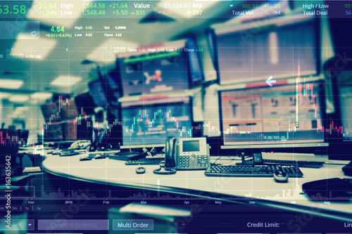 Fotomural Double exposure of business stock trading room with computer and graph for Busin