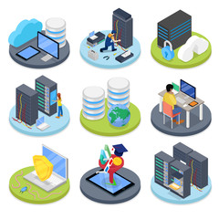 Isometric System Administrator. Server Room. Data Storage. Vector flat 3d illustration