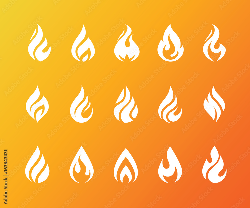 Set of white fire flame icons and logo isolated on orange background. - obrazy, fototapety, plakaty 