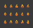 Set of fire flame icons and logo isolated on black background.