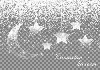 Glitter sparkle background with brilliant light, a crescent moon and star. Ramadan kareem pattern. 
