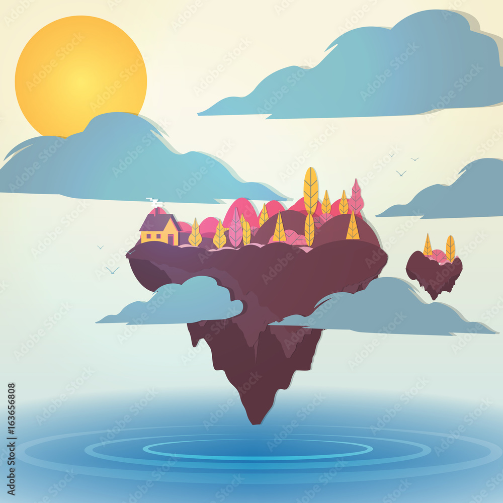 Paper-cut Style Floating Island with Small House and Tree - Vector ...